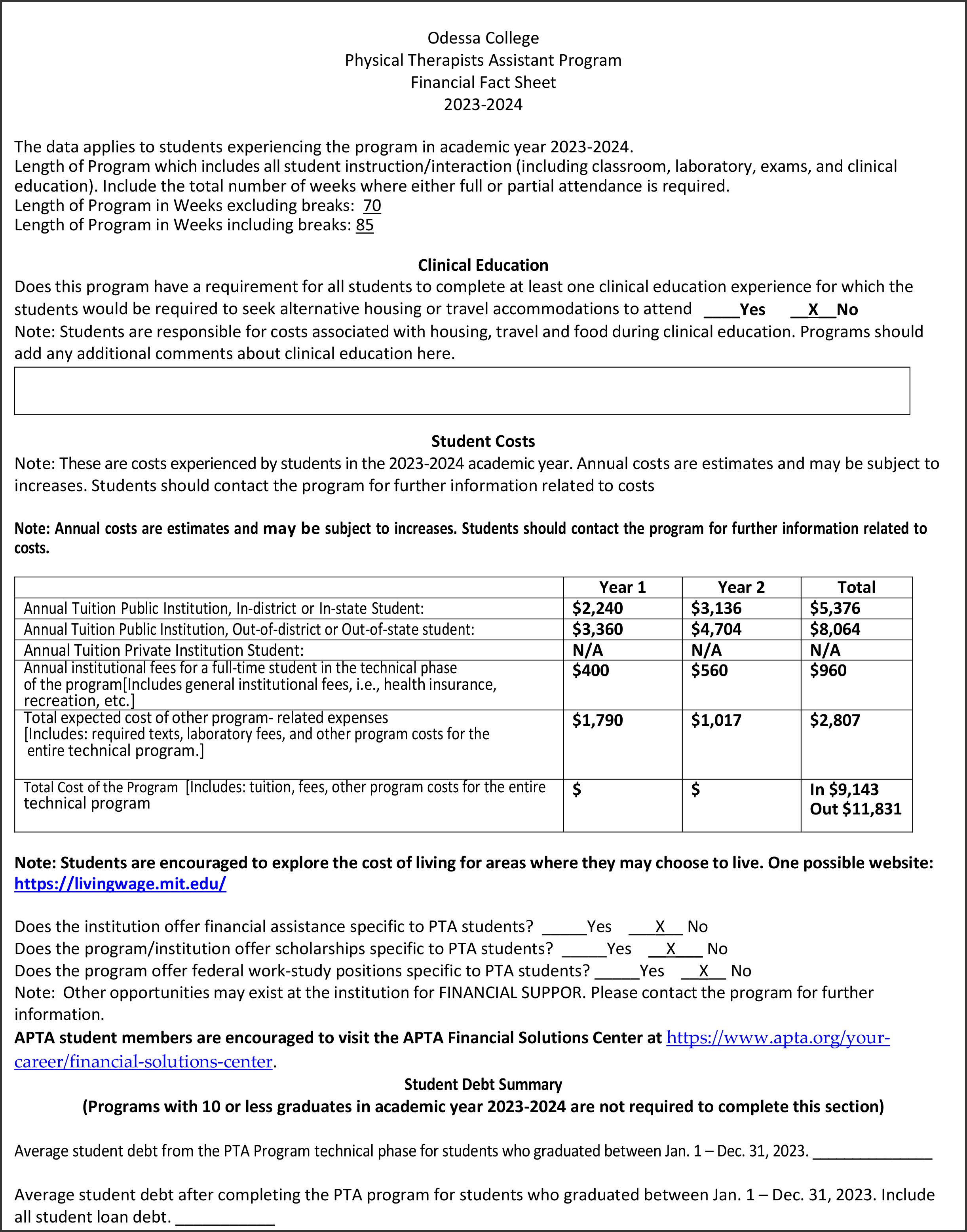 student financial fact sheet